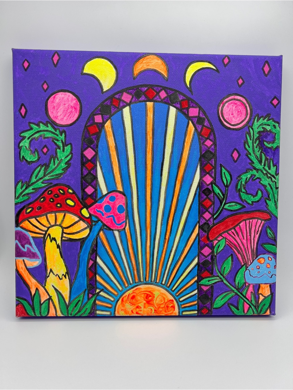 Hand Painted UV Reactive Mushroom Fantasy Canvas Art, 11” x 11”